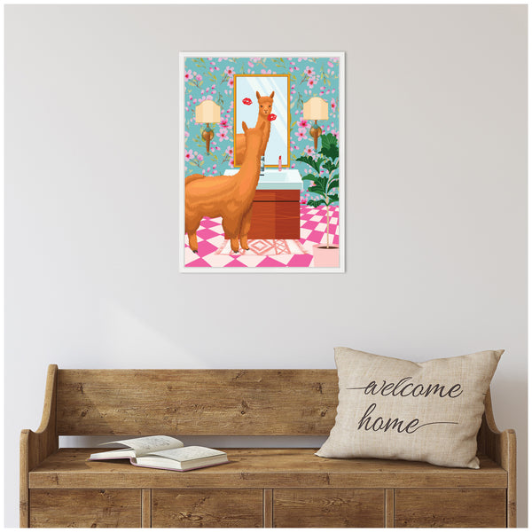 Kate & Laurel Sylvie Maximalist Llama Bathroom Mirror Framed Canvas By Honey Island Studio