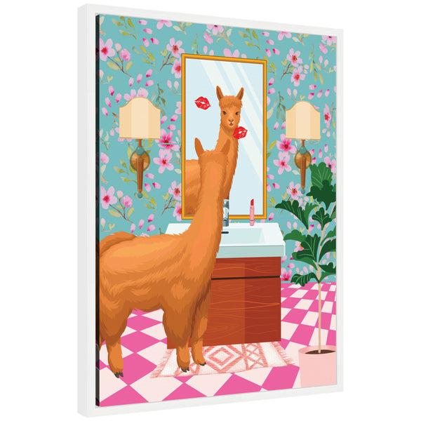 kate & laurel Sylvie Maximalist Llama Bathroom Mirror Framed Canvas by Honey Island Studio