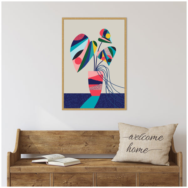 Kate & Laurel Sylvie MCM Blue And Pink Monstera Framed Canvas By Rachel Lee