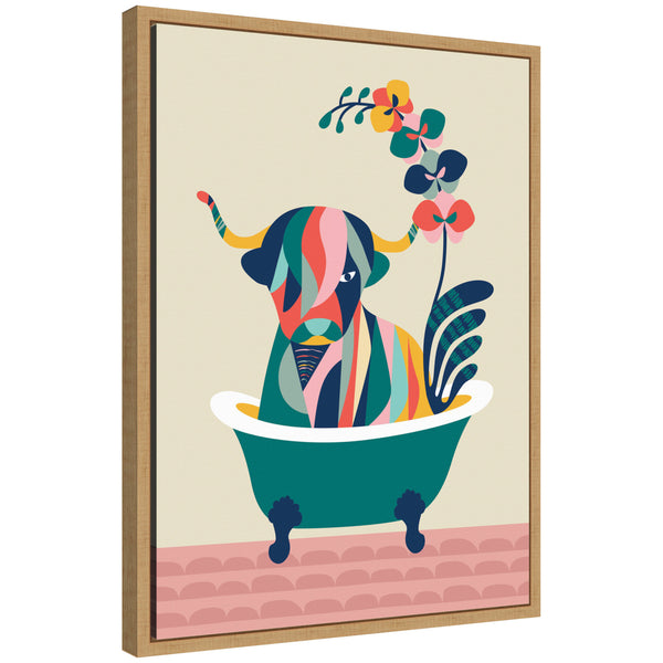 Kate & Laurel Sylvie MCM Cow In Bathtub Framed Canvas By Rachel Lee