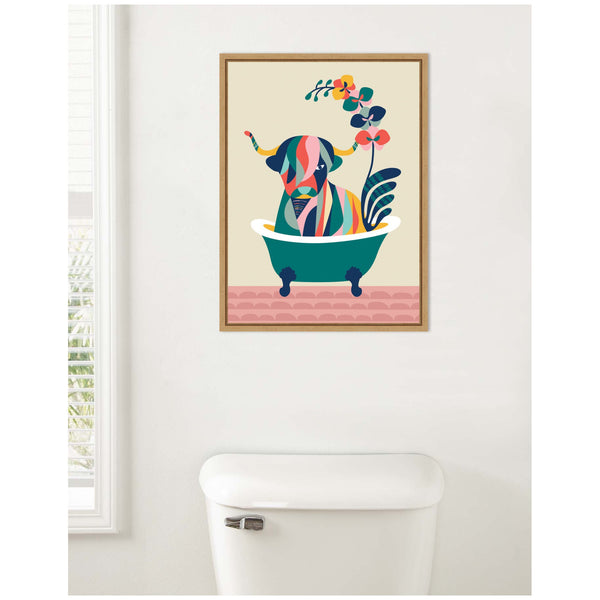 Kate & Laurel Sylvie MCM Cow In Bathtub Framed Canvas By Rachel Lee