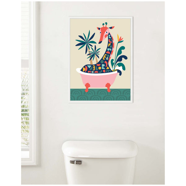 Kate & Laurel Sylvie MCM Giraffe In Bathtub Framed Canvas By Rachel Lee