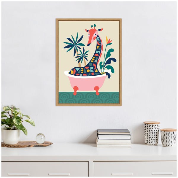Kate & Laurel Sylvie MCM Giraffe In Bathtub Framed Canvas By Rachel Lee