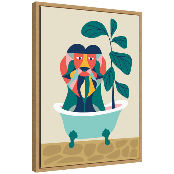 Kate & Laurel Sylvie MCM Lion In Bathtub Framed Canvas By Rachel Lee