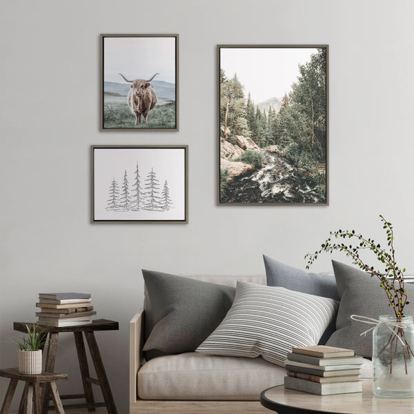 Kate & Laurel Sylvie Meet Me Here Highland Cow Muted Mountain Landscape And Minimalist Evergreen Trees Sketch Framed Canvas Set By Various Artists