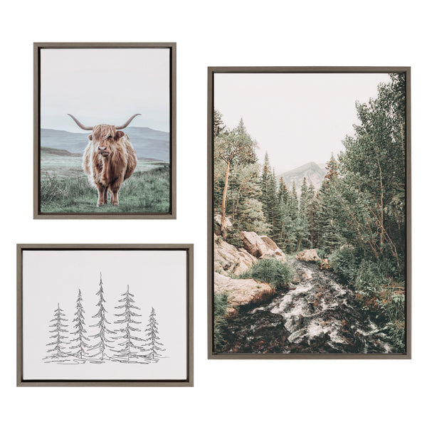 kate & laurel Sylvie Meet Me Here Highland Cow Muted Mountain Landscape and Minimalist Evergreen Trees Sketch Framed Canvas Set by Various Artists