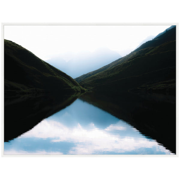 Kate & Laurel Sylvie Minimalist Mountain Lake Reflection At Sunrise Framed Canvas By Michael Schauer