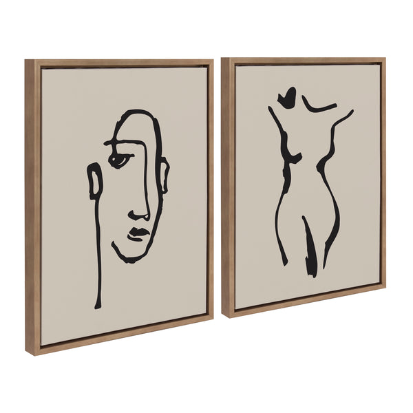 Kate & Laurel Sylvie Minimalist Neutral Line Art Drawing Face And Body Framed Canvas Art Set By The Creative Bunch Studio