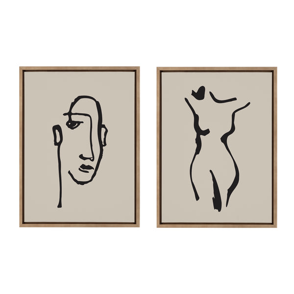 Kate & Laurel Sylvie Minimalist Neutral Line Art Drawing Face And Body Framed Canvas Art Set By The Creative Bunch Studio
