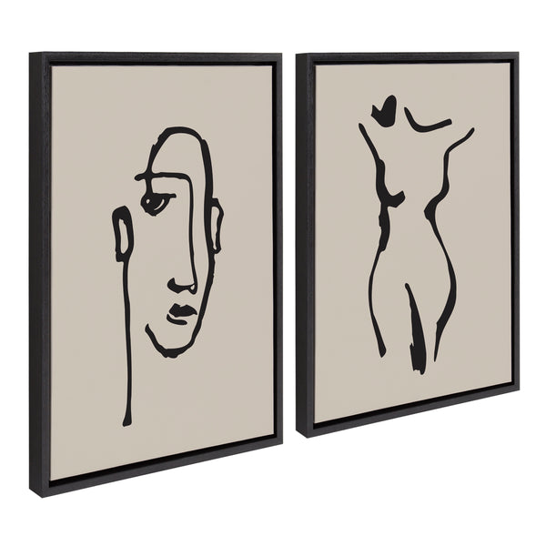 kate & laurel Sylvie Minimalist Neutral Line Art Drawing Face and Body Framed Canvas Art Set by The Creative Bunch Studio