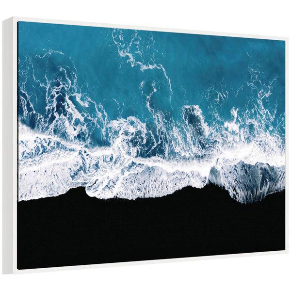 Kate & Laurel Sylvie Minimalist Ocean Waves On The Black Beach In Iceland Framed Canvas By Michael Schauer