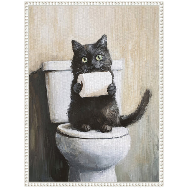 Kate & Laurel Sylvie Mischievous Black Cat Holding Toilet Paper Roll Toilet Bathroom Art Framed Canvas By The Creative Bunch Studio