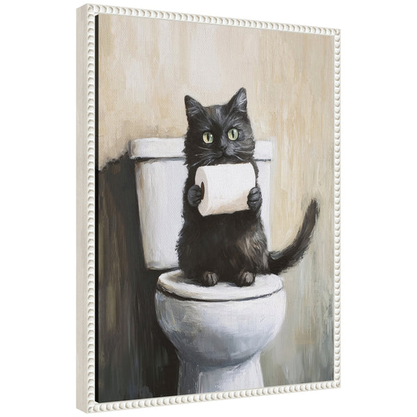 kate & laurel Sylvie Mischievous Black Cat Holding Toilet Paper Roll Toilet Bathroom Art Framed Canvas by The Creative Bunch Studio