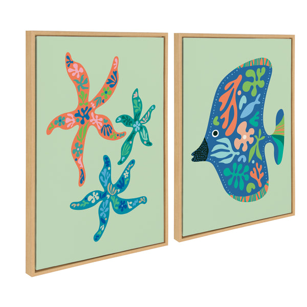 Kate & Laurel Sylvie Modern Colorful Starfish And Modern Colorful Tropical Fish Framed Canvas Art Set By Rachel Lee