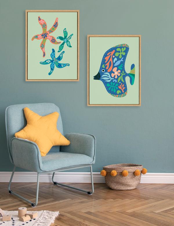Kate & Laurel Sylvie Modern Colorful Starfish And Modern Colorful Tropical Fish Framed Canvas Art Set By Rachel Lee