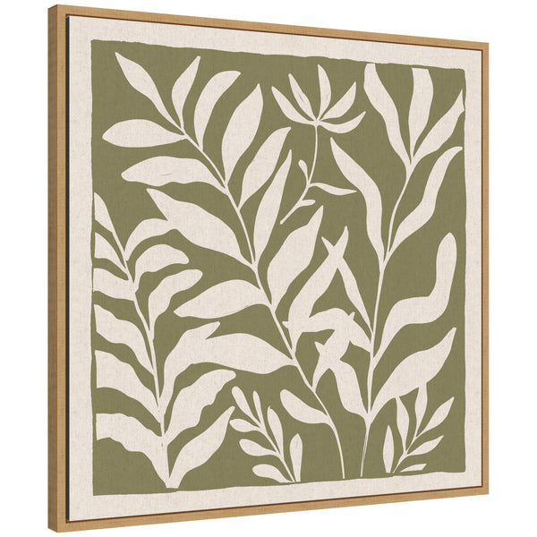 kate & laurel Sylvie Modern Minimalist Botanical Green and Neutral Linen Framed Canvas by The Creative Bunch Studio
