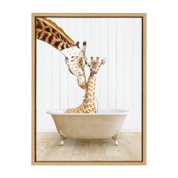 Kate & Laurel Sylvie Mother And Baby Giraffe Farmhouse Bath Framed Canvas By Amy Peterson Art Studio