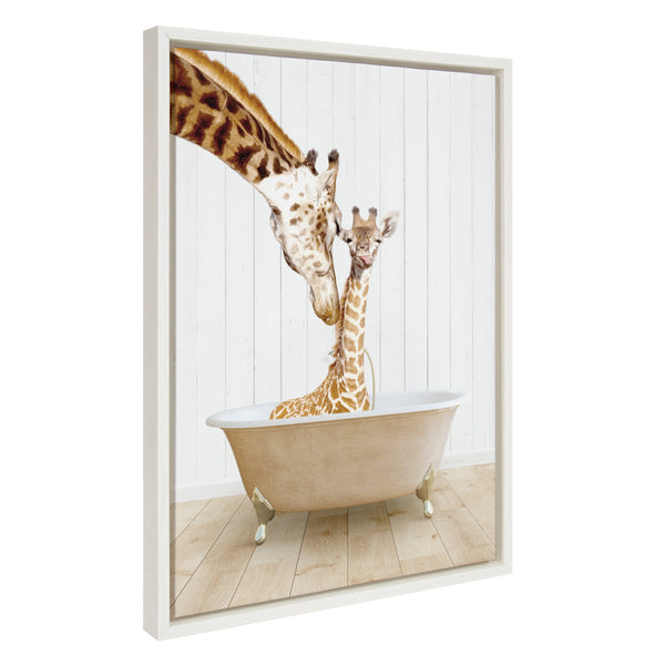 kate & laurel Sylvie Mother and Baby Giraffe Farmhouse Bath Framed Canvas by Amy Peterson Art Studio