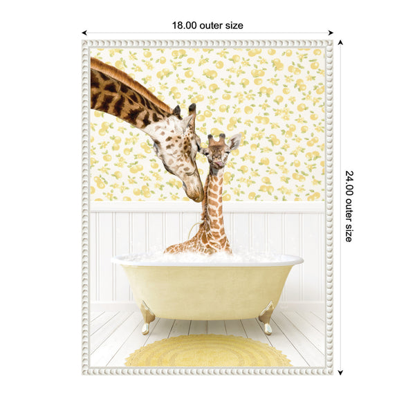 Kate & Laurel Sylvie Mother And Baby Giraffe In Cottage Yellow Bathtub Framed Canvas By Amy Peterson