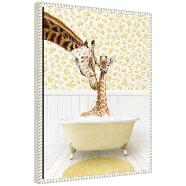 kate & laurel Sylvie Mother and Baby Giraffe in Cottage Yellow Bathtub Framed Canvas by Amy Peterson