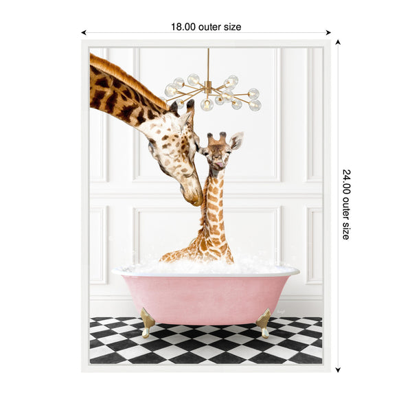 Kate & Laurel Sylvie Mother And Baby Giraffe In Pink Bathtub On Checker Floor Framed Canvas By Amy Peterson
