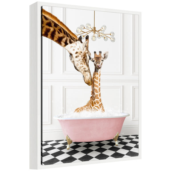kate & laurel Sylvie Mother and Baby Giraffe in Pink Bathtub on Checker Floor Framed Canvas by Amy Peterson