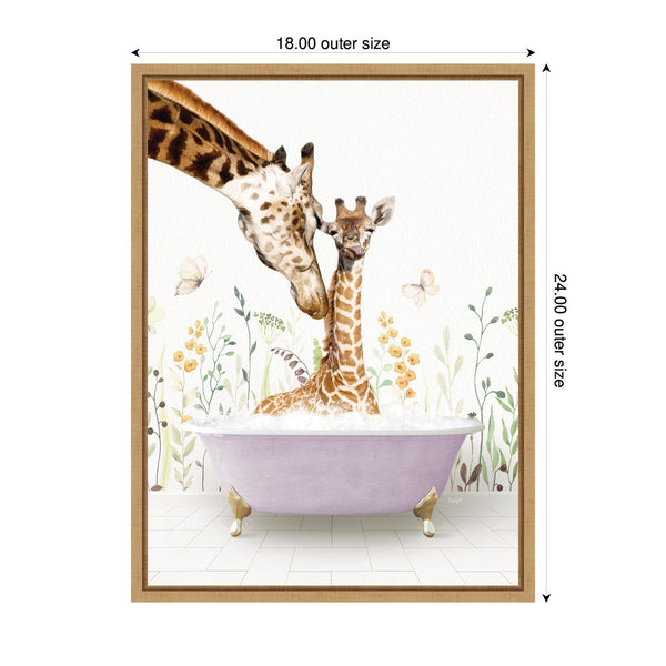 Kate & Laurel Sylvie Mother And Baby Giraffe In Spring Bathtub Framed Canvas By Amy Peterson