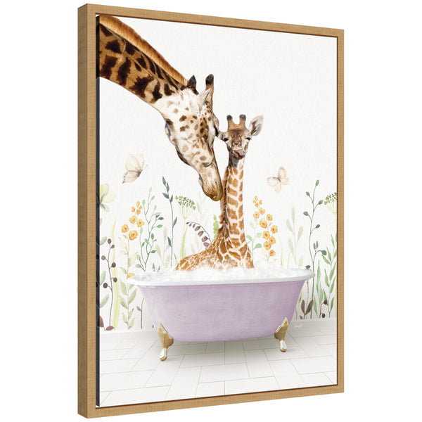 kate & laurel Sylvie Mother and Baby Giraffe in Spring Bathtub Framed Canvas by Amy Peterson