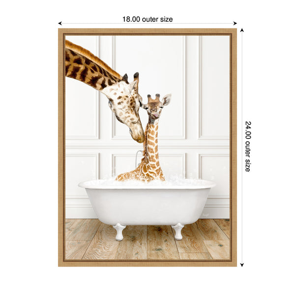 Kate & Laurel Sylvie Mother And Baby Giraffe In Traditional Vintage Bathtub Framed Canvas By Amy Peterson