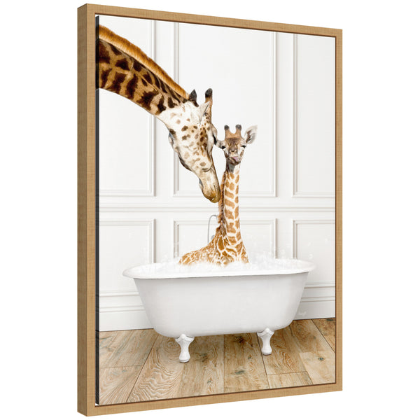 kate & laurel Sylvie Mother and Baby Giraffe in Traditional Vintage Bathtub Framed Canvas by Amy Peterson
