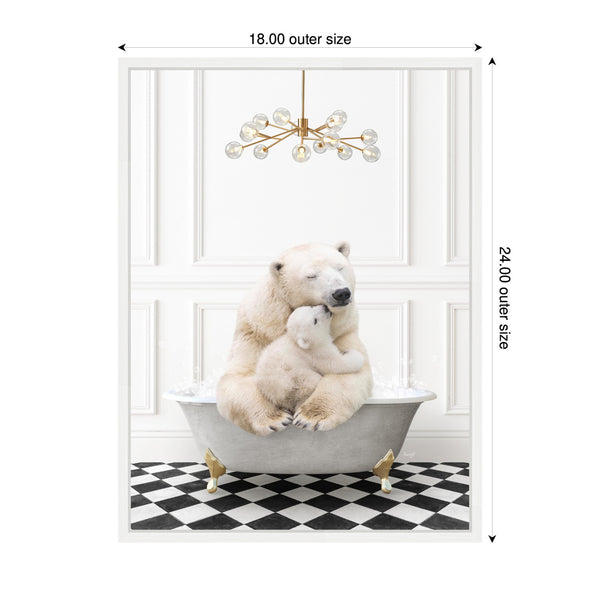 Kate & Laurel Sylvie Mother And Baby Polar Bear In Gray Bathtub On Checker Floor Framed Canvas By Amy Peterson
