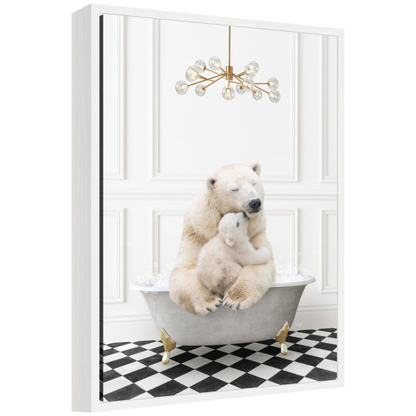 kate & laurel Sylvie Mother and Baby Polar Bear in Gray Bathtub on Checker Floor Framed Canvas by Amy Peterson