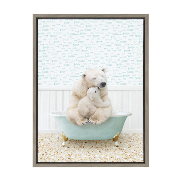 Kate & Laurel Sylvie Mother And Baby Polar Bear In Little Fish Bath Framed Canvas By Amy Peterson Art Studio