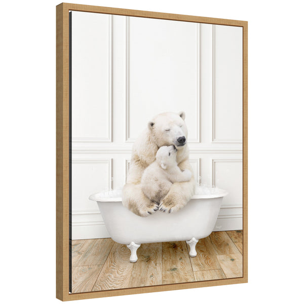 kate & laurel Sylvie Mother and Baby Polar Bear in Traditional Vintage Bathtub Framed Canvas by Amy Peterson