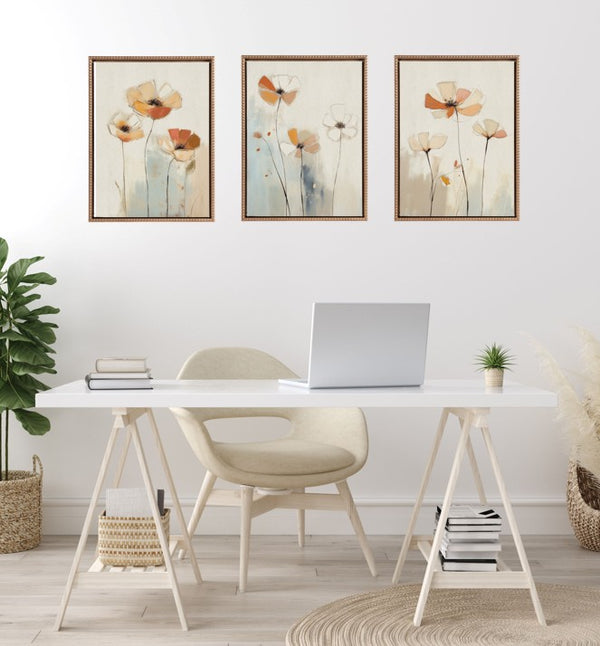 Kate & Laurel Sylvie Neutral Blue Elegant Country Wildflowers Framed Canvas Art Set By The Creative Bunch Studio