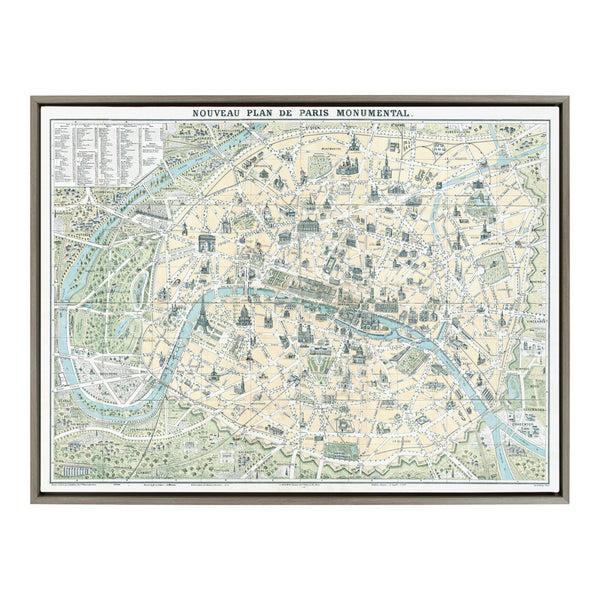 kate & laurel Sylvie Nouveau Plan De Paris Monumental Map Framed Canvas by Corinna Buchholz of Piddix