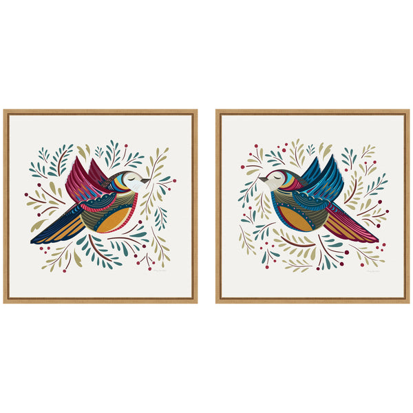 kate & laurel Sylvie Peace Birds Red and Blue Framed Canvas Art Set by Carey Copeland