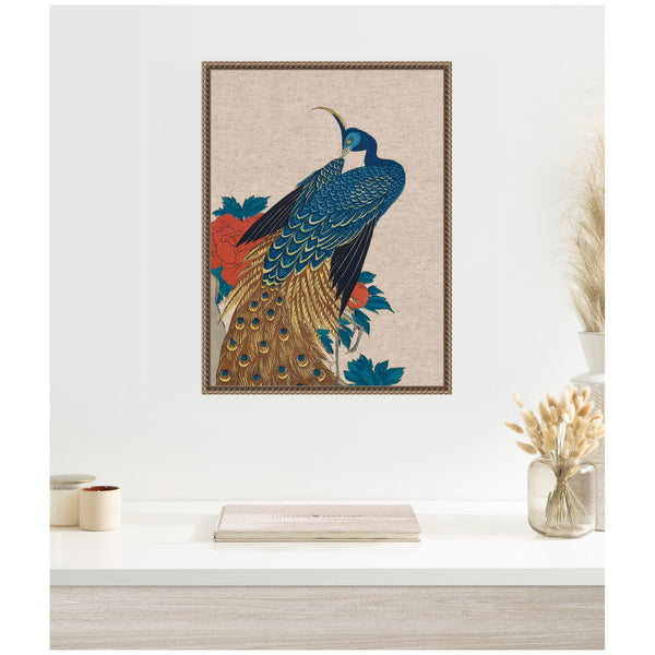 Kate & Laurel Sylvie Peacock And Peonies 1840 Utagawa Hiroshige Neutral Linen Framed Canvas By The Art Institute Of Chicago