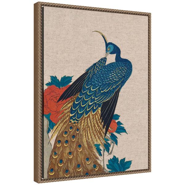 kate & laurel Sylvie Peacock and Peonies 1840 Utagawa Hiroshige Neutral Linen Framed Canvas by The Art Institute of Chicago