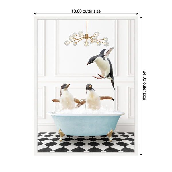 Kate & Laurel Sylvie Penguins In Blue Bathtub On Checker Floor Framed Canvas By Amy Peterson