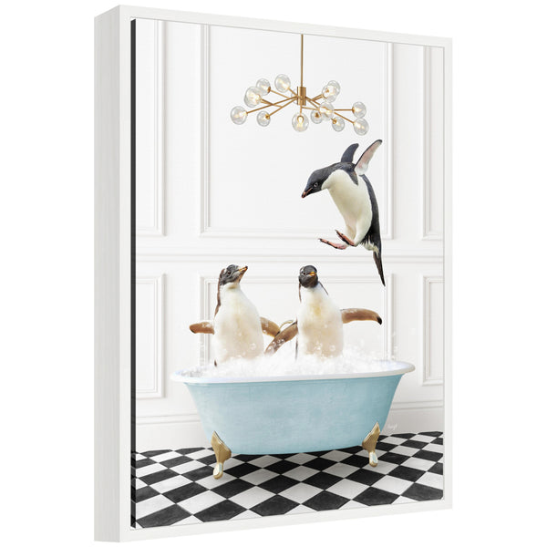 kate & laurel Sylvie Penguins in Blue Bathtub on Checker Floor Framed Canvas by Amy Peterson