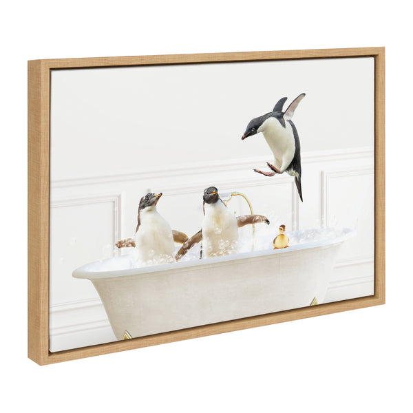 Kate & Laurel Sylvie Penguins In Bubble Bath Neutral Style Framed Canvas By Amy Peterson Art Studio