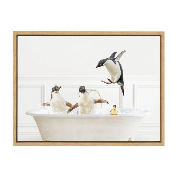 Kate & Laurel Sylvie Penguins In Bubble Bath Neutral Style Framed Canvas By Amy Peterson Art Studio