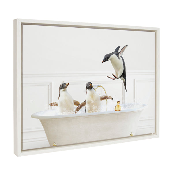 kate & laurel Sylvie Penguins In Bubble Bath Neutral Style Framed Canvas by Amy Peterson Art Studio