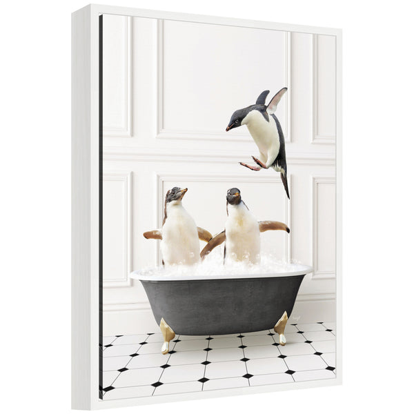 kate & laurel Sylvie Penguins in Classic Black and White Bath Framed Canvas by Amy Peterson