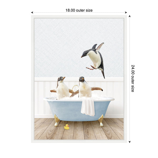 Kate & Laurel Sylvie Penguins In Cottage Blue Bathtub Framed Canvas By Amy Peterson