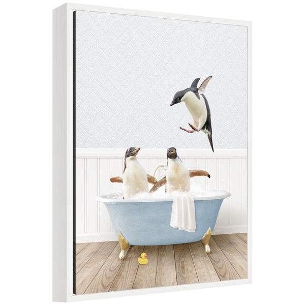 kate & laurel Sylvie Penguins in Cottage Blue Bathtub Framed Canvas by Amy Peterson