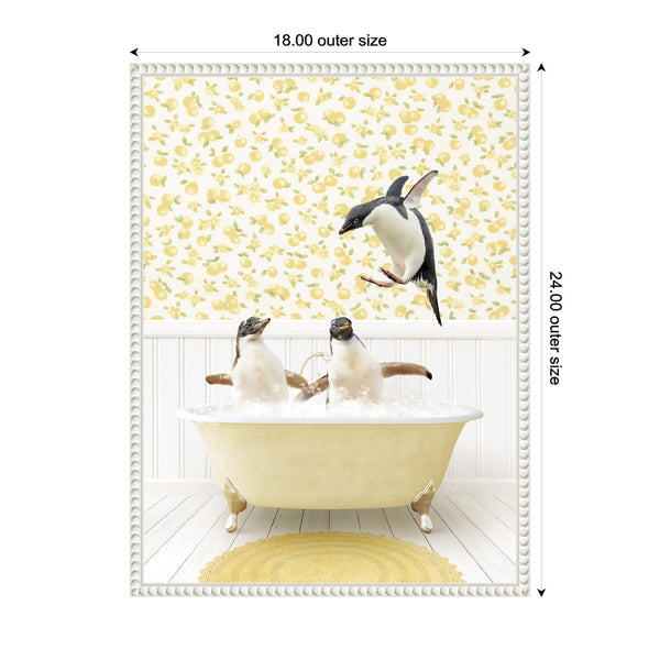 Kate & Laurel Sylvie Penguins In Cottage Yellow Bathtub Framed Canvas By Amy Peterson