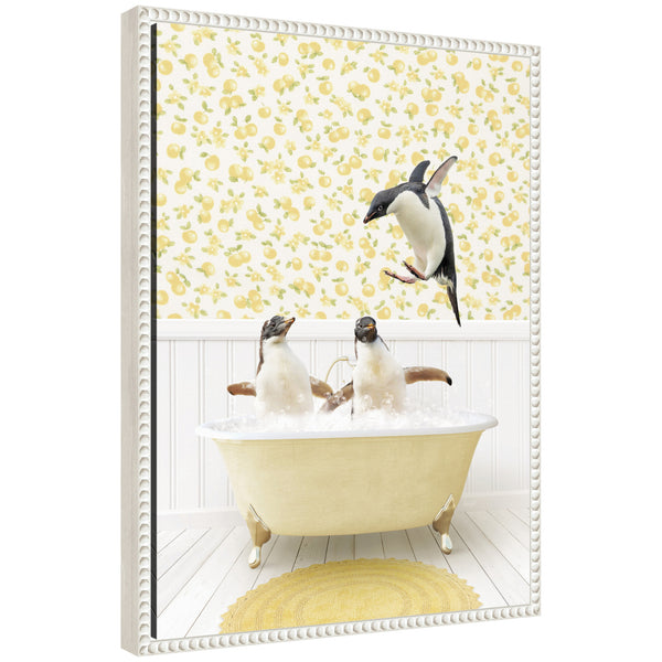 kate & laurel Sylvie Penguins in Cottage Yellow Bathtub Framed Canvas by Amy Peterson
