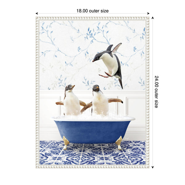 Kate & Laurel Sylvie Penguins In Eclectic Blue Bath Framed Canvas By Amy Peterson